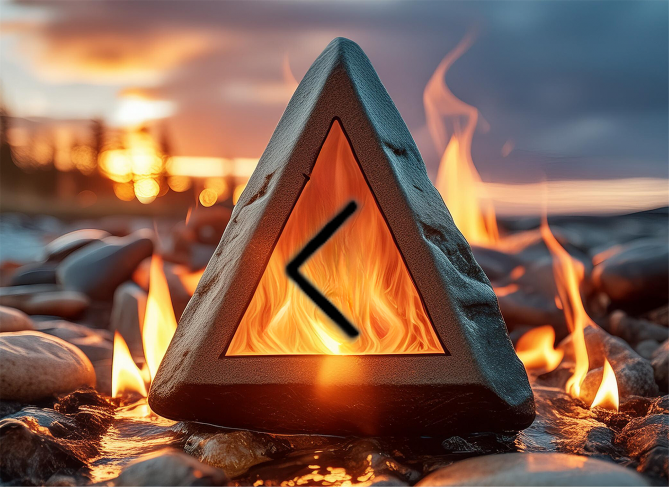 Ein dreieckiger Stein an einem steinigen Ufer von Flammen umgeben, in den ein weiteres Dreieck flammend eingearbeitet ist