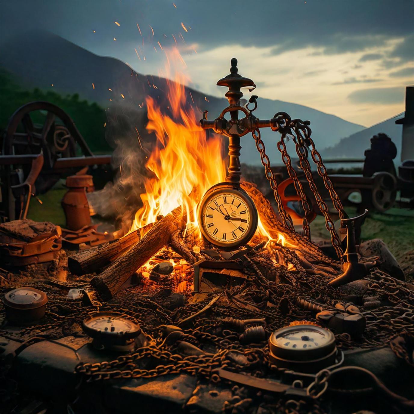 Ein großes Lagerfeuer, mit einem Anker in der Glut, von dem Ketten herabhängen, und eine Uhr mit einem Ziffernblatt ohne Zahlen, das von den Flammen umschlungen wird